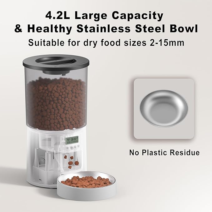 Automatic Cat Feeder for 2 Cats,6 Meals/Day,Dual Power,Dry Pet Food Autofeeder Portion Control,Timer Setting,10S Voice Record (Transparent White, 4.2L-Stainless Steel 2 Bowls)