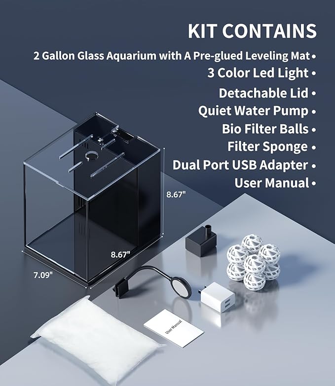 2 Gallon Fish Tank Aquarium Kit with Hidden Filtration, LED Light, Lid, Small Rimless Glass Betta Tank
