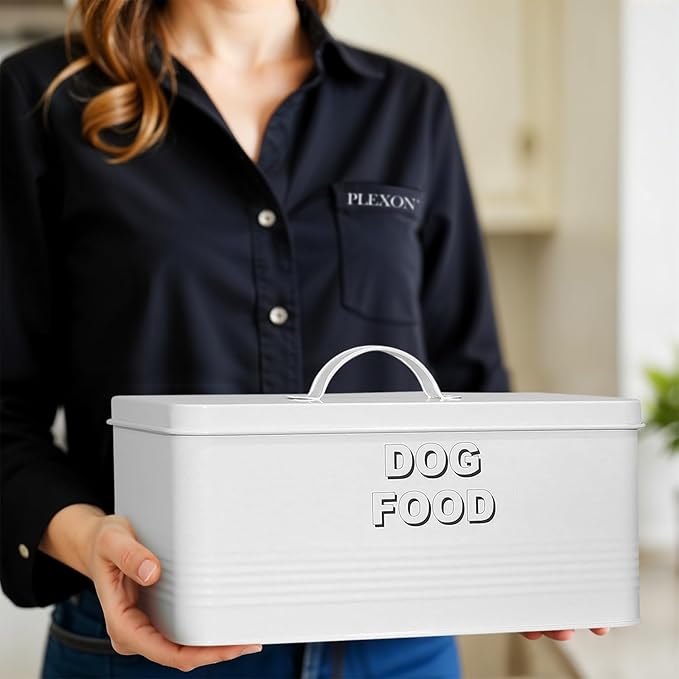 Plexon Metal Dog Food Storage Container with Scoop - Small Dog Food Container 10lbs Holder Treat Jar Bin with Lid - Pet Chow Storage Canister Tin, 2 Gallon, White