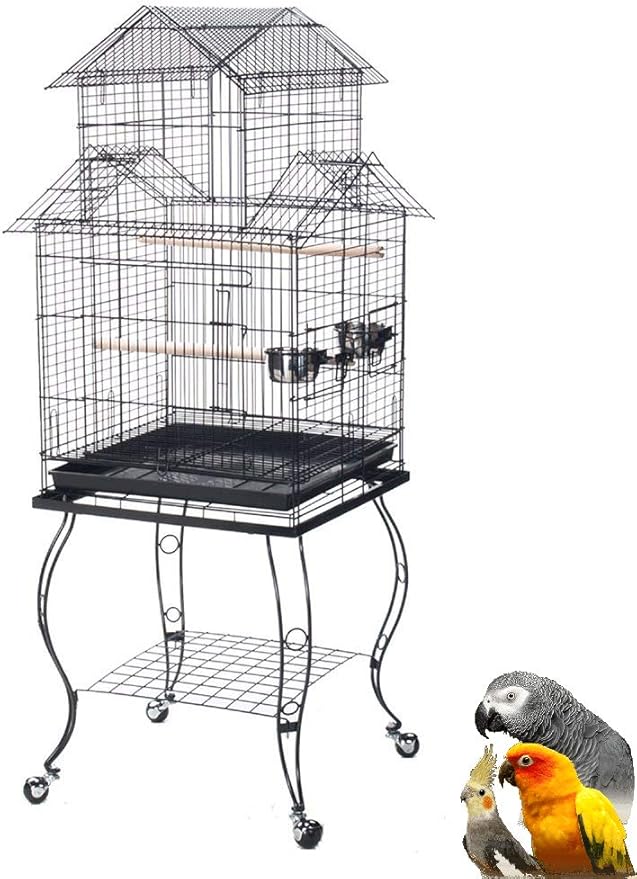 55" Rolling Standing Triple Roof Top Medium Bird Cage for Mid-Sized Parrot Cockatiel Sun Parakeet Green Cheek Conure Caique Pet Bird Cage with Detachable Stand