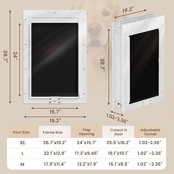 XL Dog Door for Door, Never Rust Plastic Extra Large Doggy Door for Interior and Exterior Doors, X Large Pet Door with 2 Magnetic Flaps, Insulated Flap, Closing Panel, Dog Doors for Pets Up to 220 LB