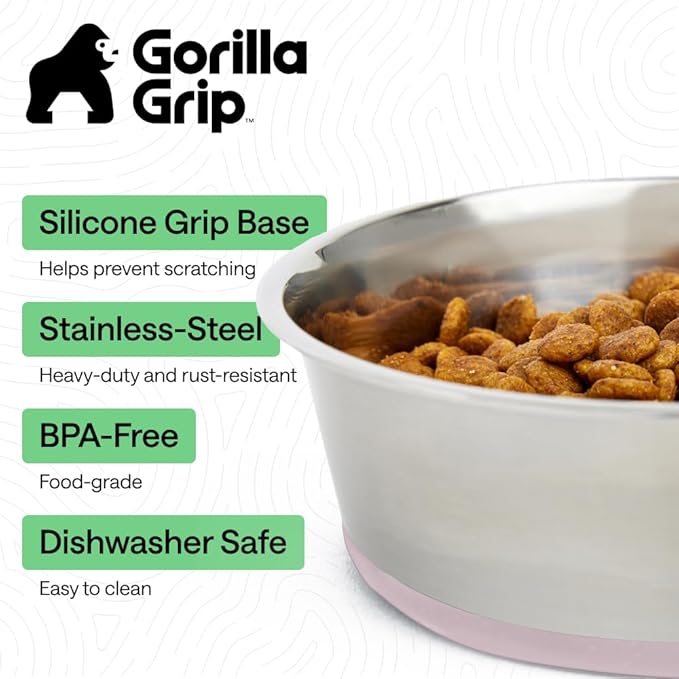 GORILLA GRIP Set of 2 Dog Bowls, Holds 8 Cups (64 fl oz), Heavy Duty Metal Food and Water Bowl for Feeding Dogs and Cats, Dishwasher Safe, Rust Resistant Stainless Steel, BPA Free Rubber Base, Lt Pink