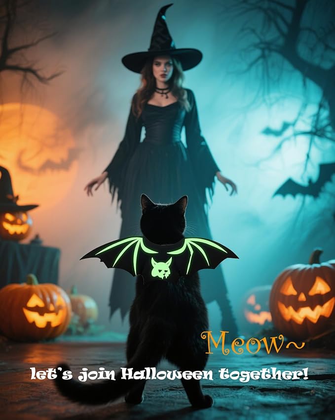 Cat Halloween Costume Bat Wings - Glow in The Dark Pet Halloween Party Cosplay Dress Up Accessories for Cats Small Puppy Dog
