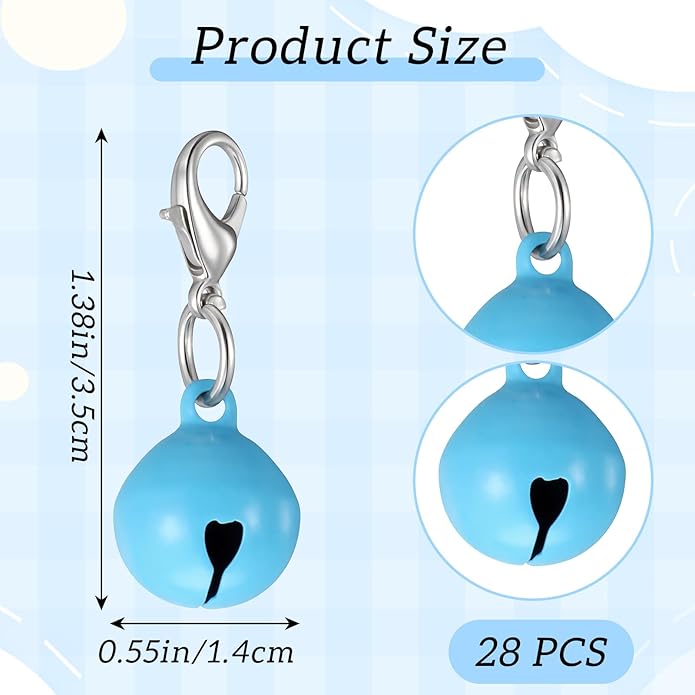 28Pcs Pet Bells for Dog Cat Collar Colourful Pet Small Bells with Clasps Dog Cat Collar Charms Pets Pendant Accessories Stainless Steel Keychain Loud Crisp Sound for Animal Christmas Decoration