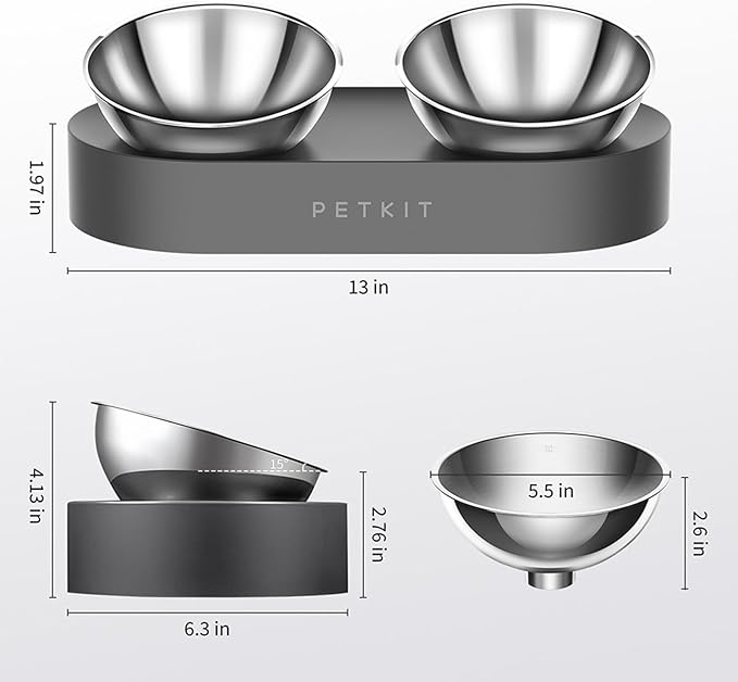 PETKIT 304 Stainless Steel Elevated Cat Bowls&Dog Bowls,Raised Cat Food and Water Bowl Set, Non-Slip, Anti Vomiting 15°Tilted Cat Small Animal Plate