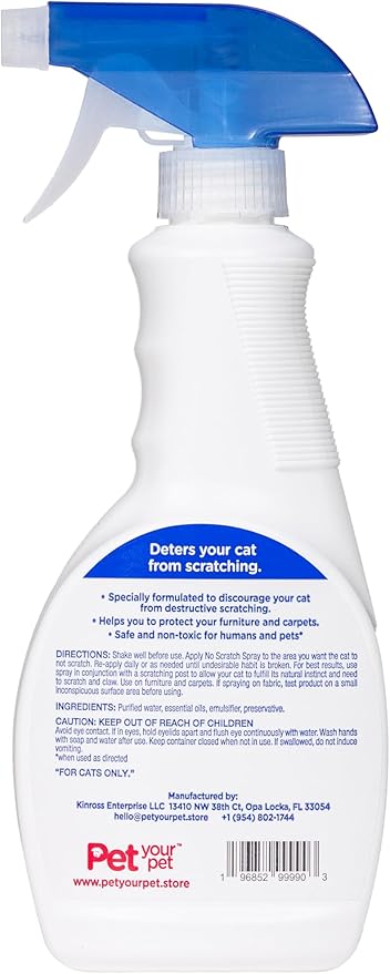 No Scratch Cat Deterrent Spray, 16 Fl Oz– Non-Toxic for Carpets and Furniture – Natural Cat Stop Scratching Deterrent Spray – Indoor/Outdoor Kitten - Anti-Scratch Keep Off