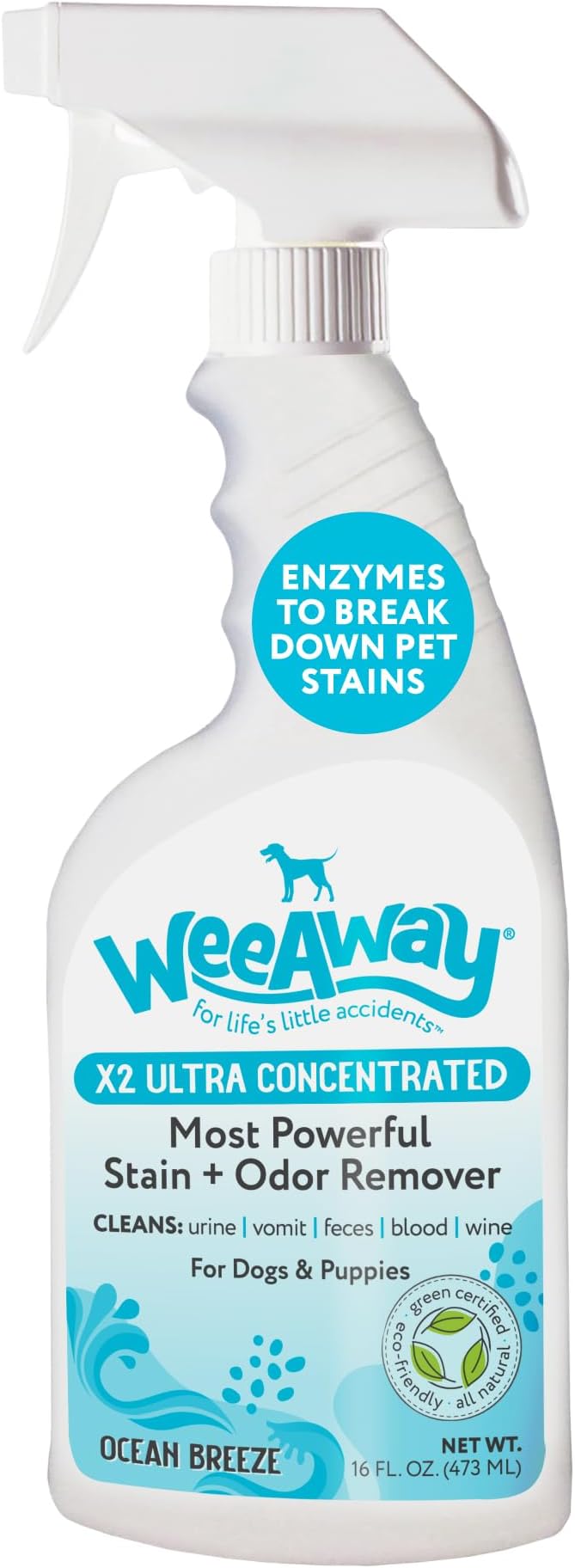 Wee Away X2 Ultra-Concentrated Stain & Strong Odor Eliminator, Enzyme Cleaner, Pet Odor Eliminator for Home - Dog Urine Destroyer - Carpet Cleaner Spray, Ocean Breeze Scent, 16 fl oz