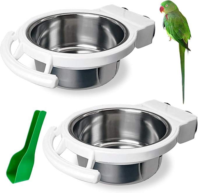 BNOSDM 2 PCS Bird Feeding Dish Cups Perch Stand Hanging Stainless Steel Bird Bowls Food Container Food and Water Bowls with Spoon for Budgie Cockatoo Finch Lovebirds Pigeons (White)