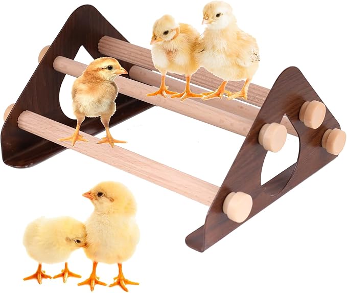 Baby Chick Perch, Durable Metal Stand with Wooden Roosting Bar for coop and brooder, Training Chicken Perch Easy to Assemble and Clean, Fun Toys for Chick (Grey Wood, Wooden Bars)