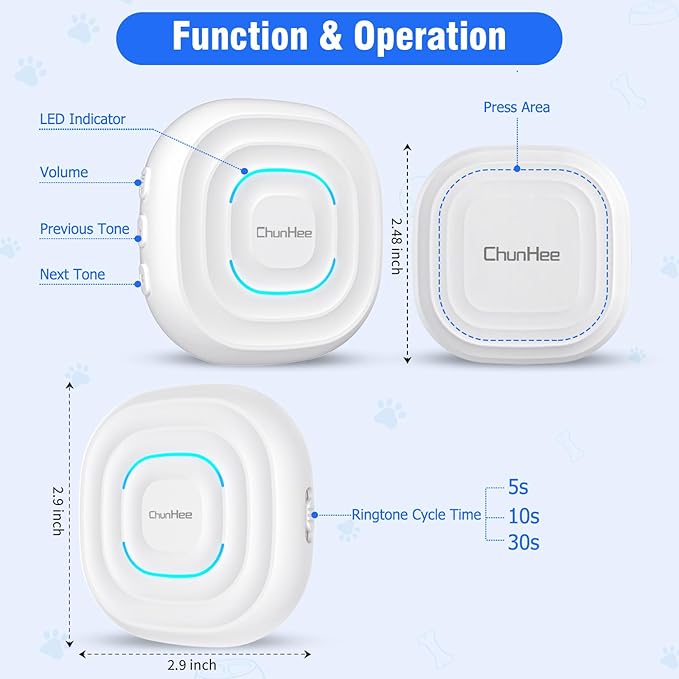ChunHee Dog Door Bell for Potty Training –Smart Wireless Dog Bell to Go Outside, 500Feet with IP55 Waterproof, 32 Melodies & 5 Volume Levels(1 Receiver + 2 Buttons)