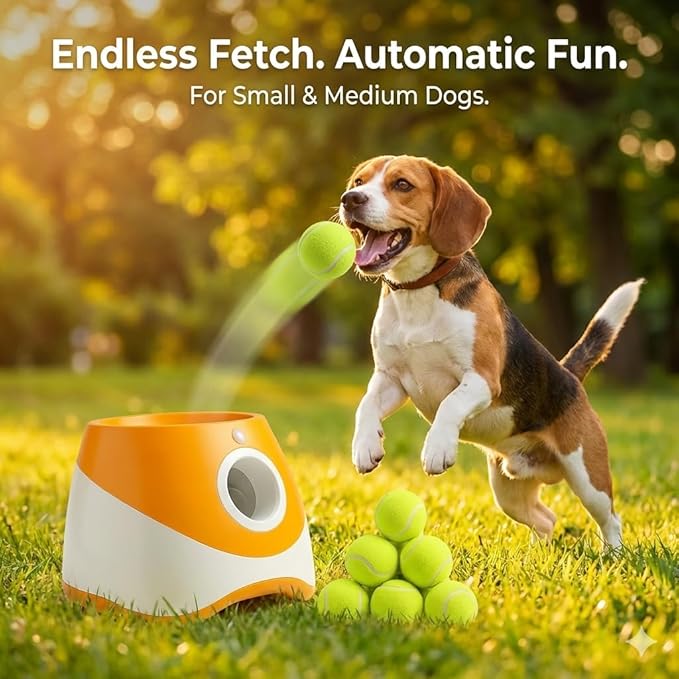 Dog Ball Thrower – Automatic Interactive Pet Tennis Ball Launcher with 6 Balls, USB Charging & Multiple Distance Settings Indoor & Outdoor Training & Play Toy for Small & Medium Dogs (Yellow)