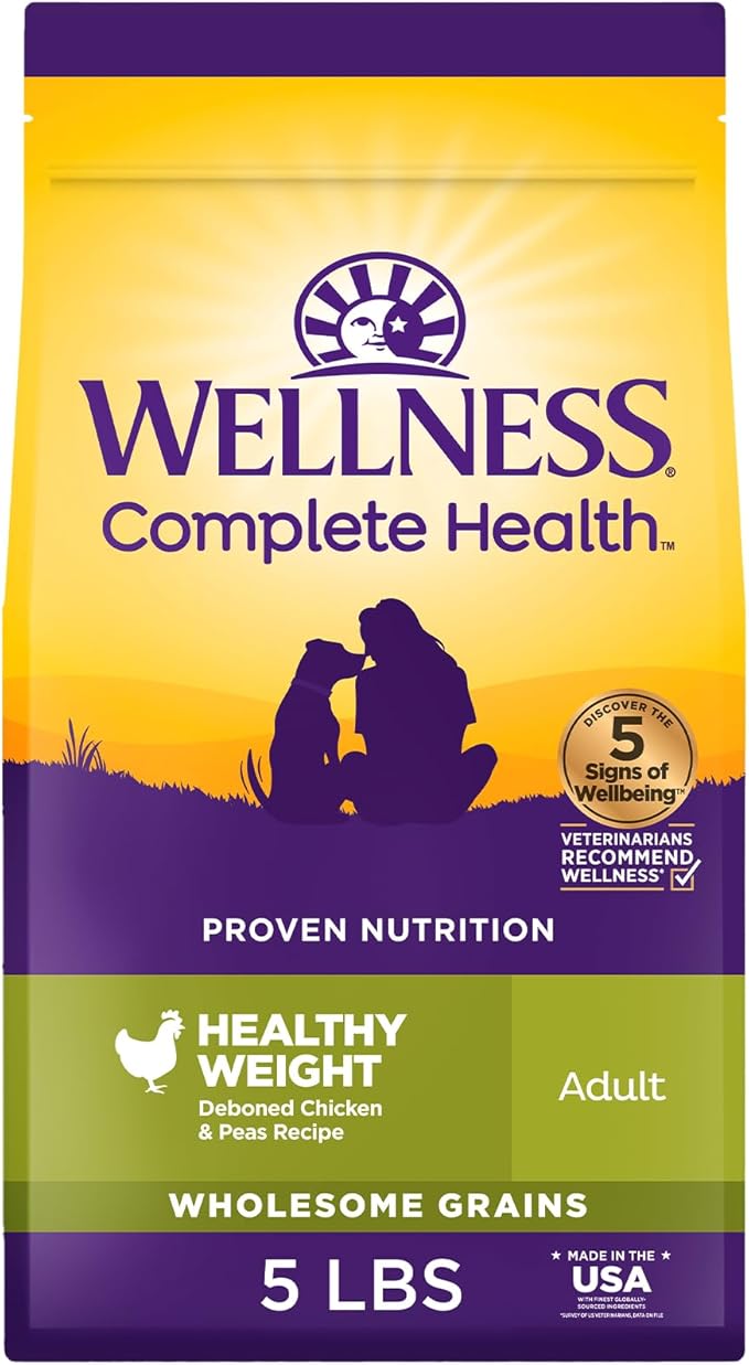Wellness Complete Health Healthy Weight Adult Dry Dog Food, Wholesome Grain Kibble, Chicken and Peas Recipe, 5 lb Bag