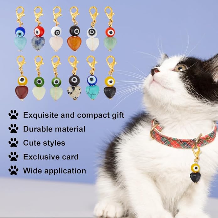 12pcs Evil Eye Heart Collar Pendants for Cat Dog, Gemstone Jewelry Charms Lampwork Pet Collar Pendants Clip-on Charms for Bag Decor Keychain Pet Necklace Training Home Decoration