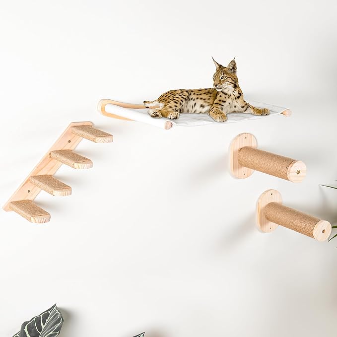 Wall Mounted Cat Shelves – 4-Piece Hammock Set with Ladder & Steps for Small & Large Cats – 45 lb Capacity Wall Mounted Cat Furniture
