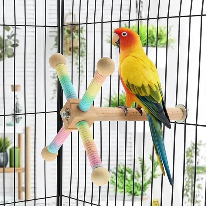 Spinning Bird Perch Toy, Interactive Wooden Exercise Stand with 4 Rotating Perches for Parakeets, Budgies, Cockatiels, Conures & Small Medium Parrots(Colorful,Size:/)