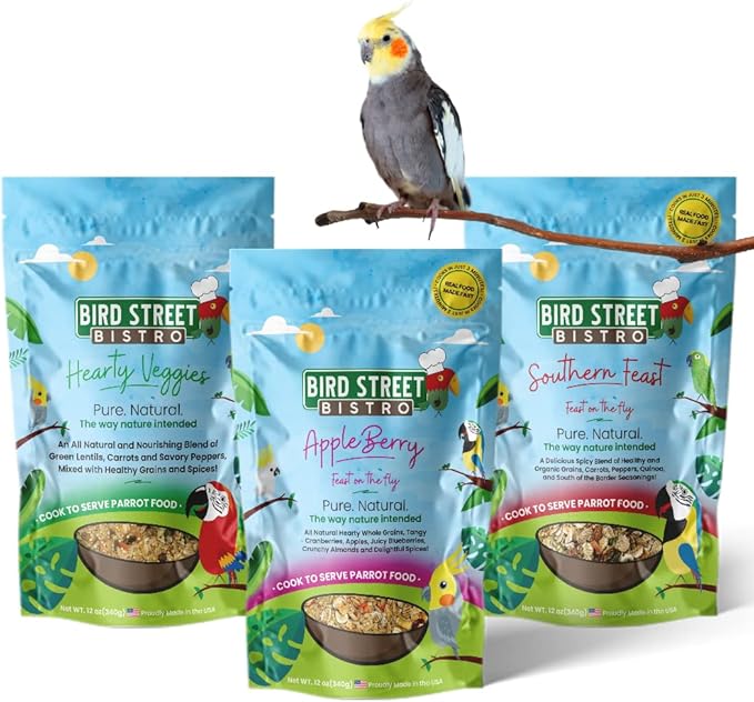 Bird Street Bistro Cockatiel Food Sample 3 Pack - Cooks in 3-15 min w/Natural Whole Grains - Healthy Non-GMO Fruits, Dried Vegetables, Health Orientated Spices