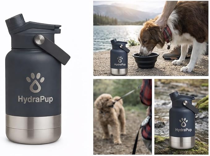 32oz Insulated Water Bottle with Dog Bowls – Human & Pet Shared Use, Stainless Steel Leakproof Travel Bottle(Slate Grey)
