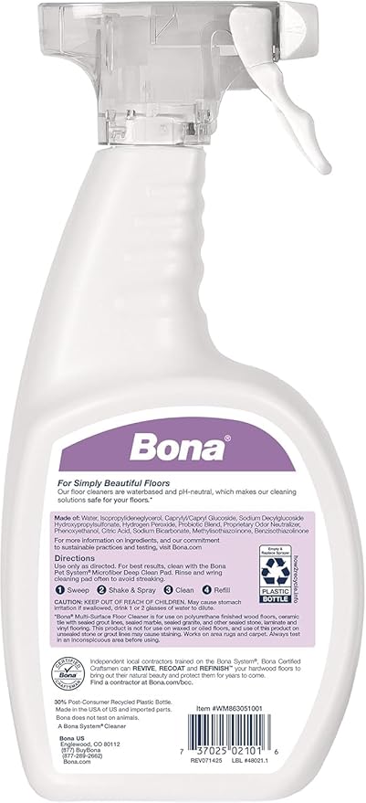 Bona Pet Spray Odor Eliminator, Cat Formulation, 32 fl oz, Safe for Carpets and Multi-Surface Floors