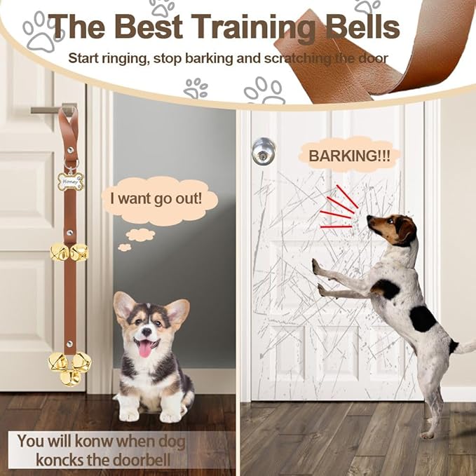 Leather Dog Bells, Puppy Potty Training Bell Dog Doorbell Potty Train Dog Bell for Potty Training Door Bells for Dogs to Ring to Go Outside Jingle Bells (Leather Brown, Glitter Bone 1 PCS)