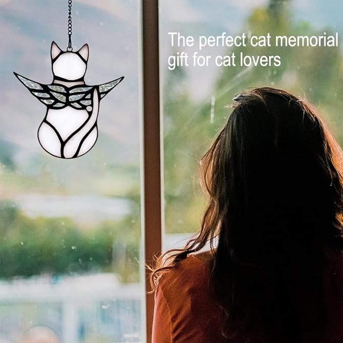 Angel Cat Memorial Present Ornaments, Acrylic Window Hanging Decorations for Cat Lovers, Angel Wings Suncatcher Decor, Pet Memorial Sympathy Present Statue (White)