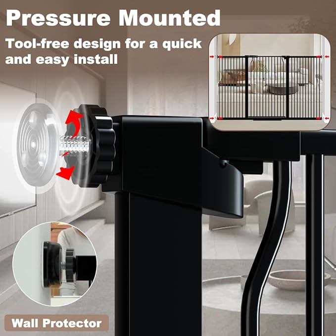 40.55" Walk Through Extra Tall Wide Baby Gates, 74.1"-76.7" Black Pressure Mounted Dog Gates