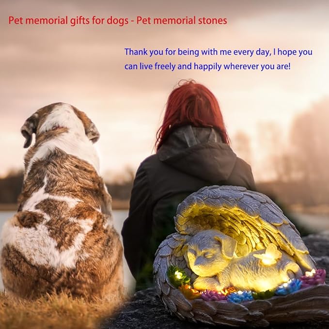 Dog Memorial Stone,Dog Memorial Pet Memorial Stone with Solar Angel Statue - Ideal for Garden or Tombstone Commemoration
