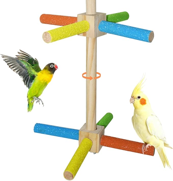Bird Stand Perch Toy, Double Layer Spinning Parakeet Toys Exercise Wheel Cockatiel Toy for Cages Wooden Perchs for Small & Medium Birds Bird Cage Accessories for Parakeets Lovebirds Conures Budgies