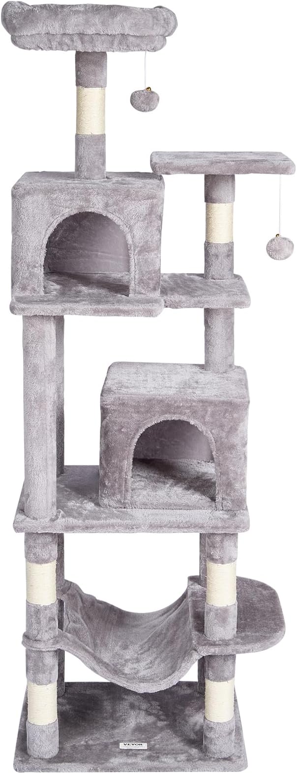 VEVOR Cat Tree for Indoor Cats, 63" Cat Tower with 2 Cat Condos, Sisal Scratching Post, Hammock, Top Perch, Jumping Platforms, Large Cat Furniture Activity Center with Hang Ball, Light Grey