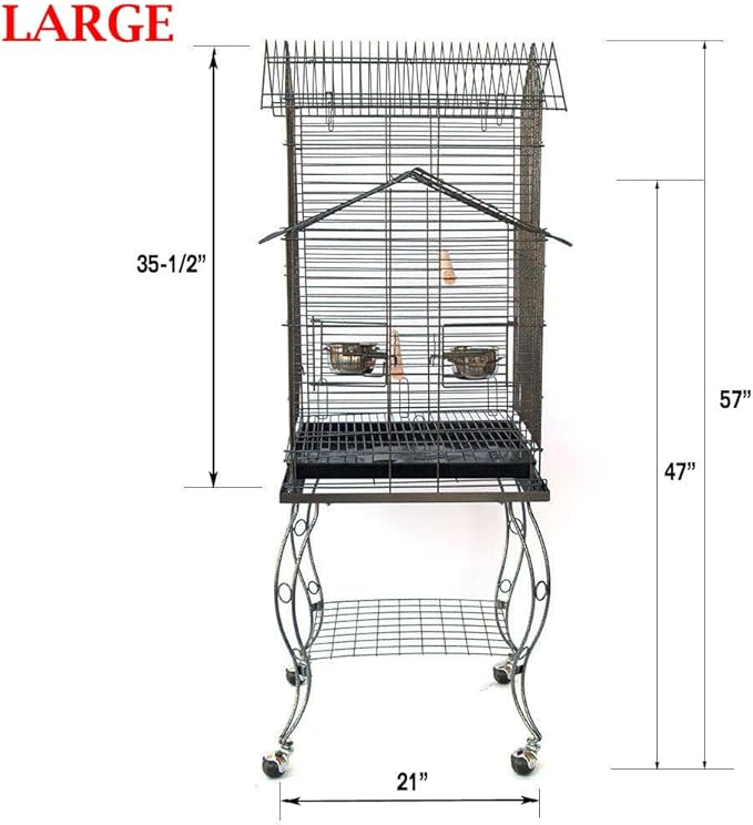 55" Rolling Standing Triple Roof Top Medium Bird Cage for Mid-Sized Parrot Cockatiel Sun Parakeet Green Cheek Conure Caique Pet Bird Cage with Detachable Stand