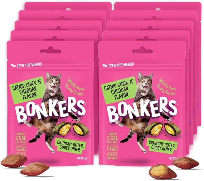 Bonkers Cat Bites, Crunchy & Soft Chick N' Cheddar Flavor Treats, Low Calorie, Training or Food Topper, 3 OZ Resealable Bag for All Breeds and Ages, Value Pack (10 Pack)