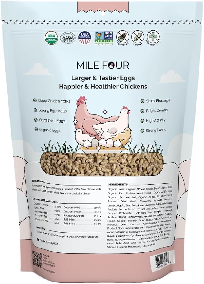 Mile Four Organic Chicken Feed – Layer Pellet, Non-GMO, USA Grown, 16% Protein, Corn-Free, Soy-Free, Non-Medicated Feed for Chickens, 2 lbs Sample