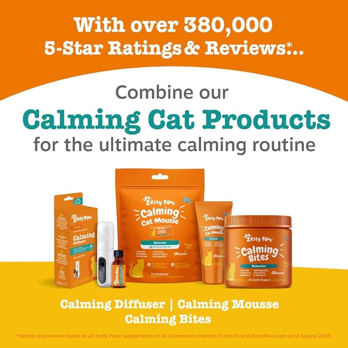 Zesty Paws Calming Mousse for Cats - Composure & Relaxation for Stress & Separation - Cat Calming Supplement with Ashwagandha, L-Theanine, Valerian Root & Vitamin B1-14 Count
