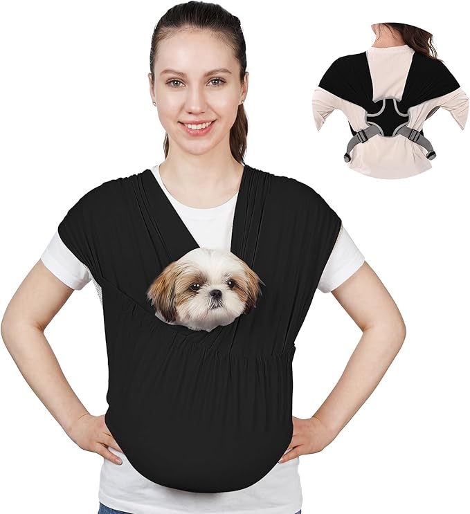 Supet Dog Sling Carrier for Small Pets, Hands Free Cat Sling, Reducing Back Neck Pain Anti-Anxiety Puppy Front, Adjustable Soft Dog Carrying (Black, Regular)