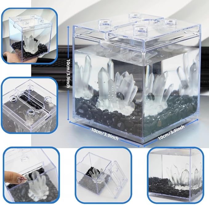 Mini Betta Fish Tank, Stackable Small Fish Bowl for Desktop Decoration, 0.2 Gallon 360° Rotatable Tiny Aquarium Kit with Gravels & Resin Crystal Cluster for Sea Monkey, Shrimp
