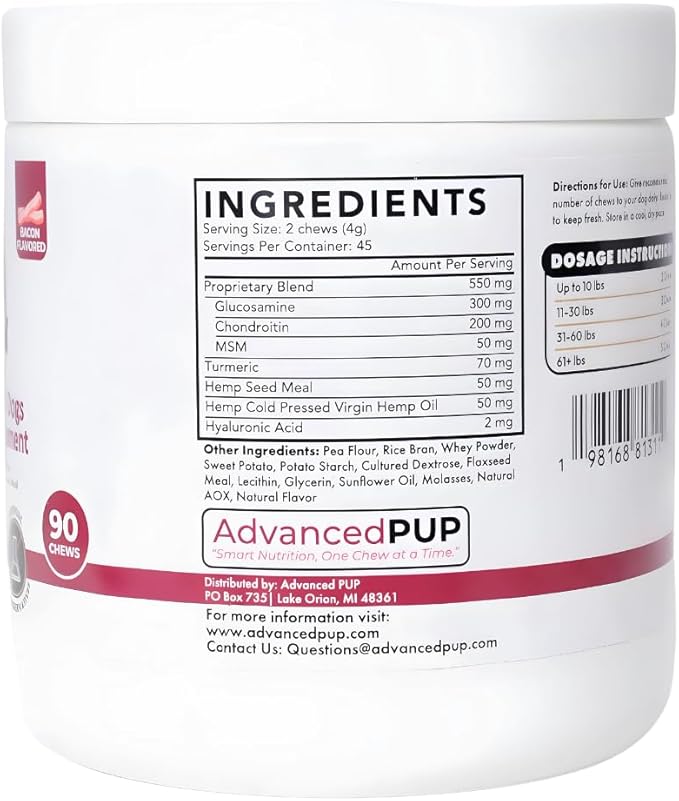 Hip and Joint Supplement - Natural Glucosamine Chondroitin MSM & Turmeric for Dogs - Dog Hip & Joint Care to Heal Dog Joint Stiffness & Inflammation - Tasty Bacon 90CT