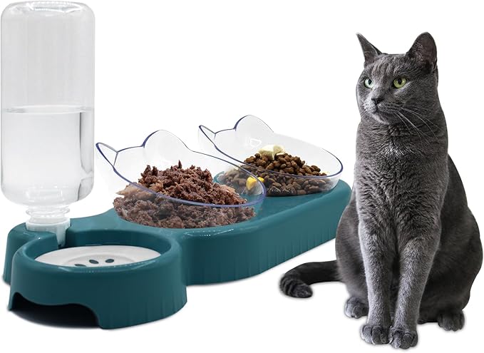 Triple Dog Cat Bowls, 15 Tilt 3-in-1 Water Feeder Bowls with Automatic Water Bottle Bowl, Removable Cat Wet and Dry Food Bowl Set for Small Cat and Puppy (Navy Blue)