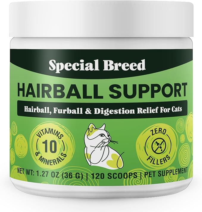 Special Breed Hairball Support for Cats - 10 Super Ingredients for Hairball Relief, Digestive Support & Healthy Skin - No Fillers - Psyllium, Pumpkin, Omega-3s & More - 120 Scoops