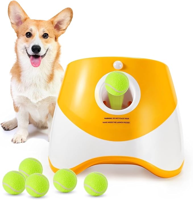 Automatic Dog Ball Launcher, Balls Thower with 6 Mini Tennis Balls, Interactive Dog Toys Indoor Outdoor Ball Thrower Machine for Small Dogs with 3 Distance Settings (Orange)