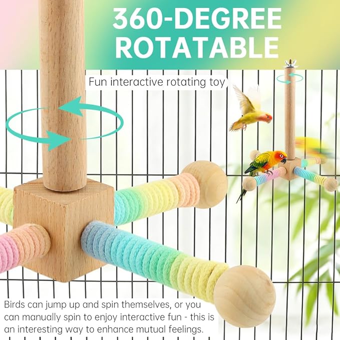 Spinning Bird Perch Toy, Interactive Wooden Exercise Stand with 4 Rotating Perches for Parakeets, Budgies, Cockatiels, Conures & Small Medium Parrots(Colorful,Size:/)