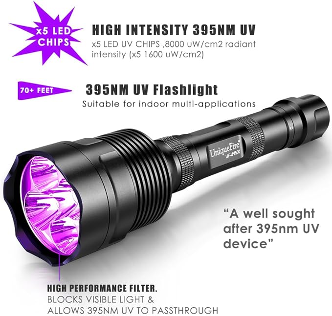 UniqueFire UV500 395nm Flashlight with 5 LEDs Suitable for Pet Urine Finding & Mineral, Antique Detection, Scorpion Search, etc