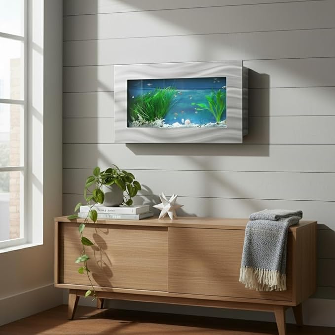Aussie Aquariums 3.0 Wall Mounted Fish Tank Kit with LED Lighting, Built-in Filter System, Modern Space-Saving Design, Complete Accessories Set (Skyline, Silver)
