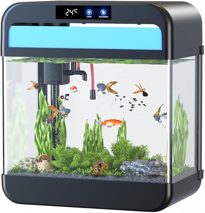 Fish Tank Aquarium 2.2 Gallon Fish Bowl with Humidifier 7 Color Auto-Looping Light 3 in 1 Pump with Filteration & Oxygenation & Circulation, Temperature Display, HD Float Glass, Thickened Base