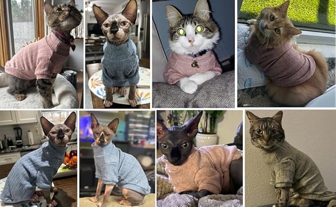 Idepet Sphynx Hairless Cats Sweater Shirt Kitten Soft Puppy Clothes Pullover Cute Cat Pajamas Jumpsuit Cotton Apparel Pet Winter Turtleneck for Cats and Teacup Chihuahua Small Dogs(Blue,XS)