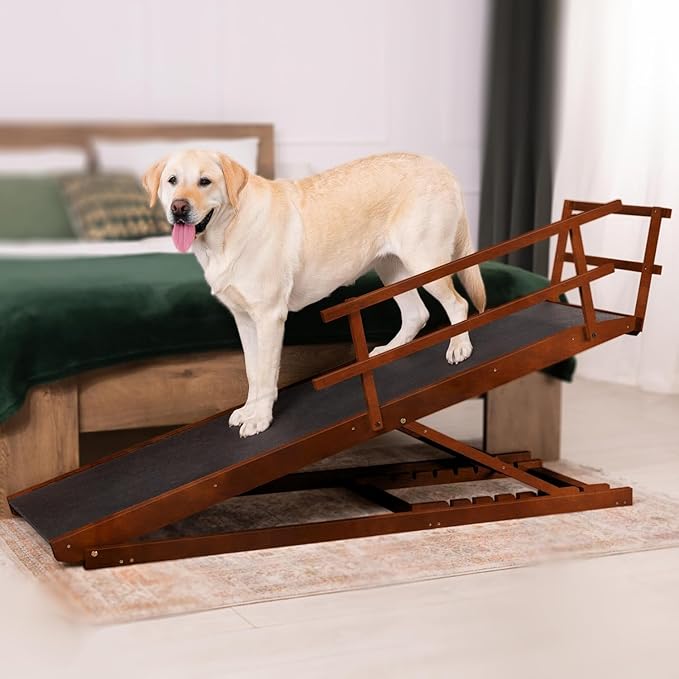 Dog Ramp for Bed with Safety Rails for High Beds up to 37" – Extra Wide 19.5" Adjustable Dog Bed Ramp for Large Dogs up to 200 lbs – Solid Birchwood, Non-Slip Rubber Surface, Foldable Design – Walnut