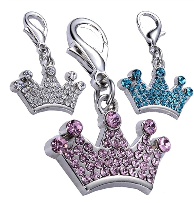 3Pcs Pet Collar Rhinestone Crown Metal Keychain, Pendant Cat and Dog Jewelry Pendant Pet Collar Jewelry Pink/White/Blue