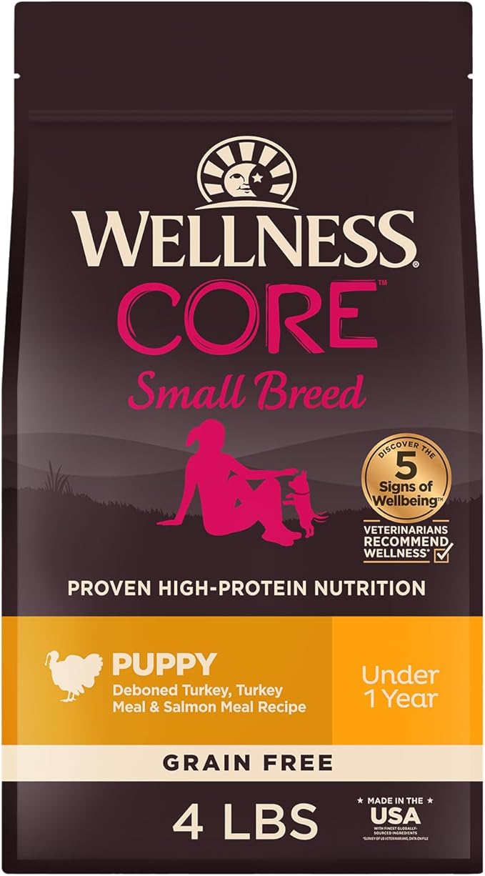 Wellness CORE Small Breed Puppy Dry Dog Food, Grain Free Kibble, Natural, High Protein, Turkey and Salmon Recipe, 4 lb Bag