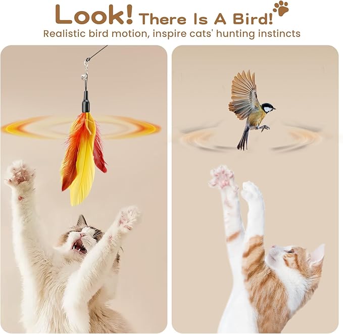 Pawaboo Feather Teaser Cat Toy, Interactive Wands Cats Toy Flying Feathers Cat Catcher with Extra Long 34.5" Wand and Small Bell, Playing Toys, 1 Wand + 10 Feathers, Multi-Color Feather Blend