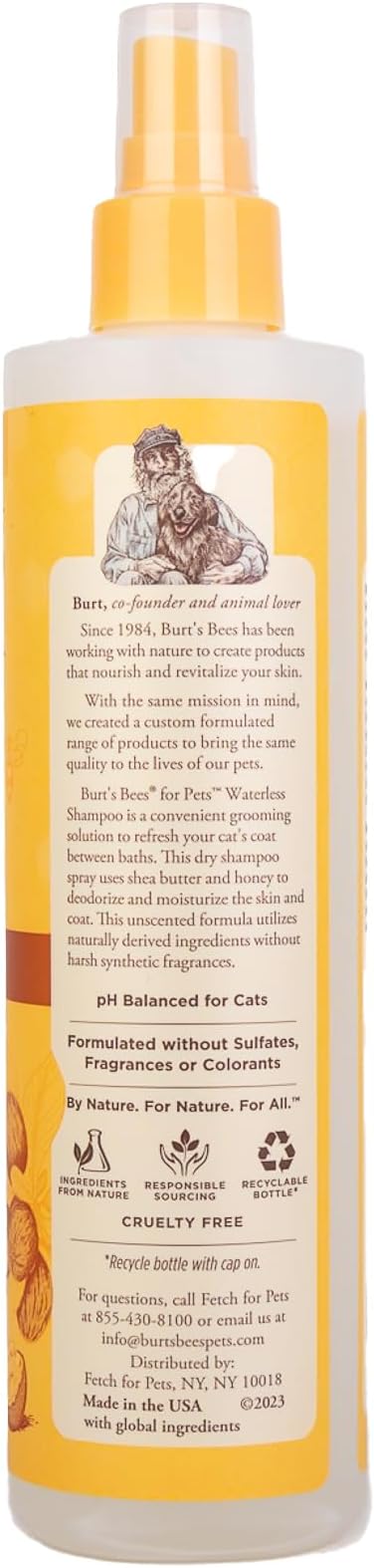 Burt's Bees for Pets Waterless Cat Shampoo Spray, No-Rinse Cat Dry Shampoo with Shea Butter & Honey for Gentle Cleaning Between Baths, pH Balanced, No Harsh Detergents, 10 Fl Oz - 6 Pack