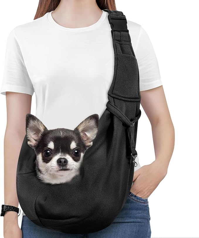 Pawaboo Small Dog Sling Carrier, Reversible Hands Free Dog Sling Carriers for Small Dogs and Cats, Puppy Slings Carrier with Adjustable Strap Buckle & Safety Harness, Puppy Essentials, Black