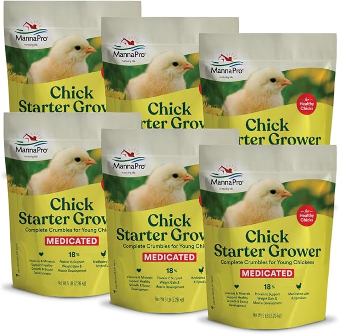 Manna Pro Medicated Chick Starter Grower, Crumbled Chick Feed with Amprolium, Complete Nutrition for Young Chickens, Supports Healthy Growth and Coccidiosis Prevention, 6-Pack of 5 lb Bags